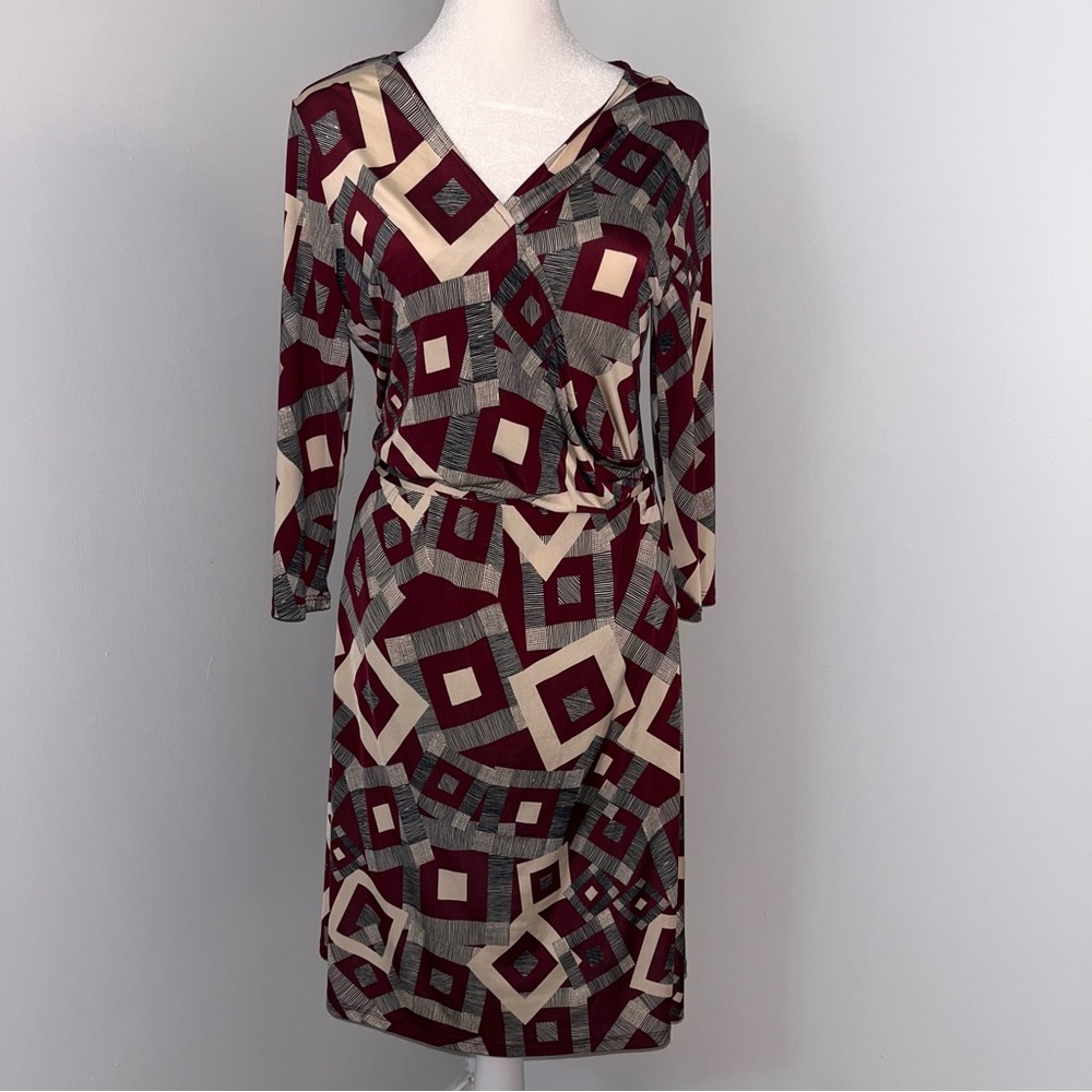 Gilli-Geometric Patterned Dress in‎ Burgundy and Cream Size Large.